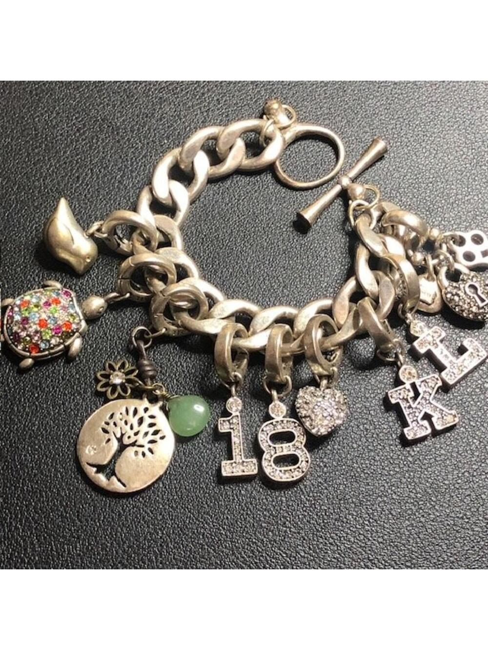B1906 Fossil Silver Tone Charm Bracelet Chunky Chain Turtle bird  9 Charms 6.75"